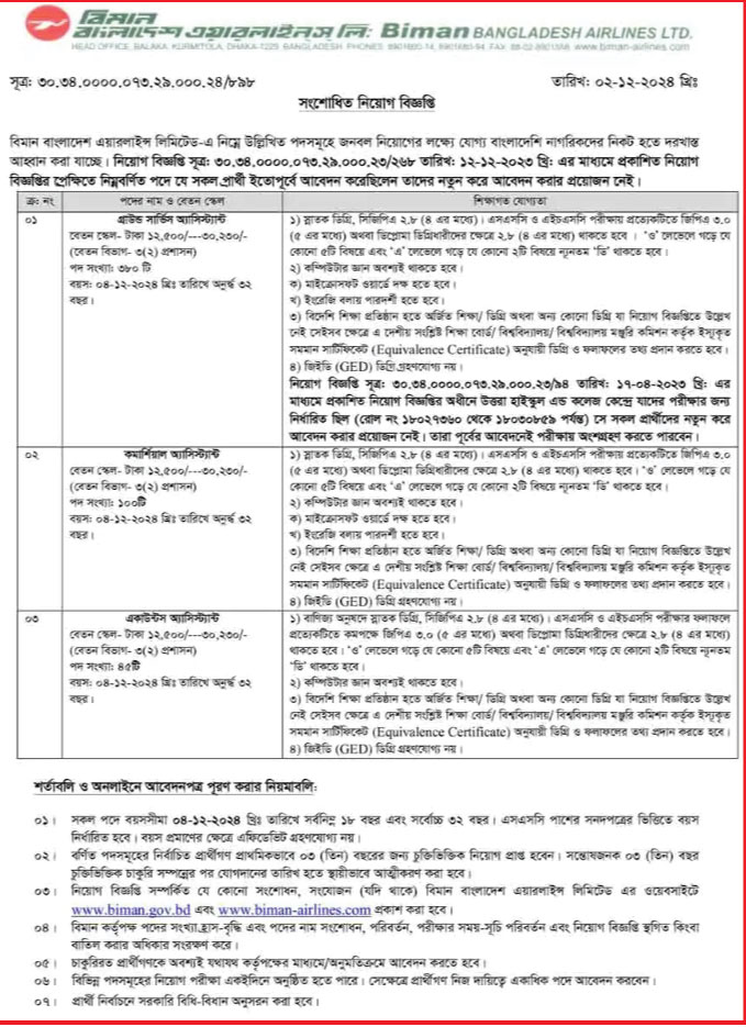 বিমান বাংলাদেশ এয়ারলাইন্স নিয়োগ বিজ্ঞপ্তি ২০২৪